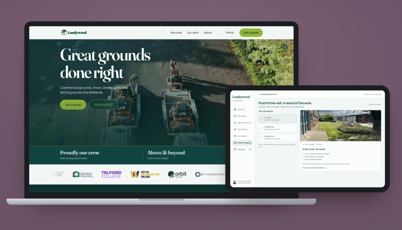 The Landywood website on a laptop and its client portal on a tablet