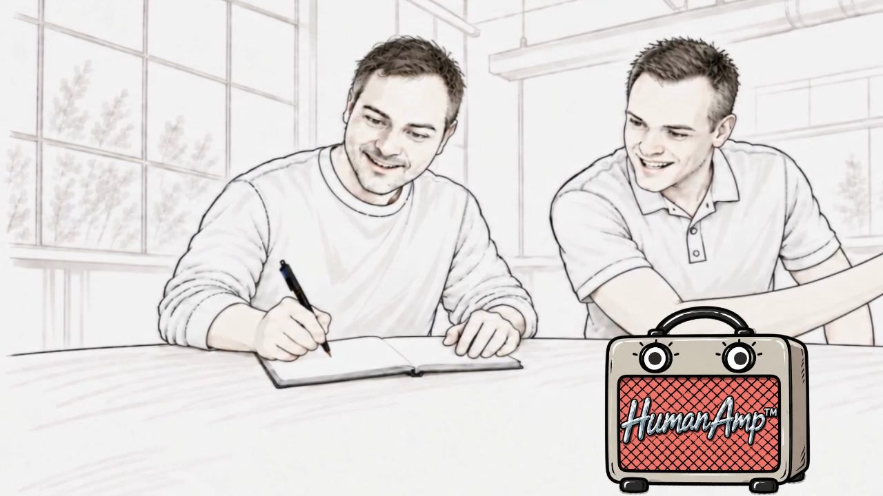 Lee and Dave working through drawings together, with Amp alongside them.