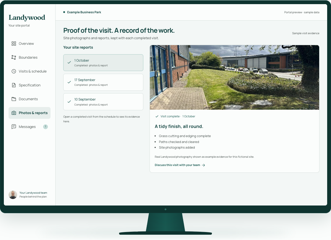 Landywood client portal: photographs and a report kept with each completed visit