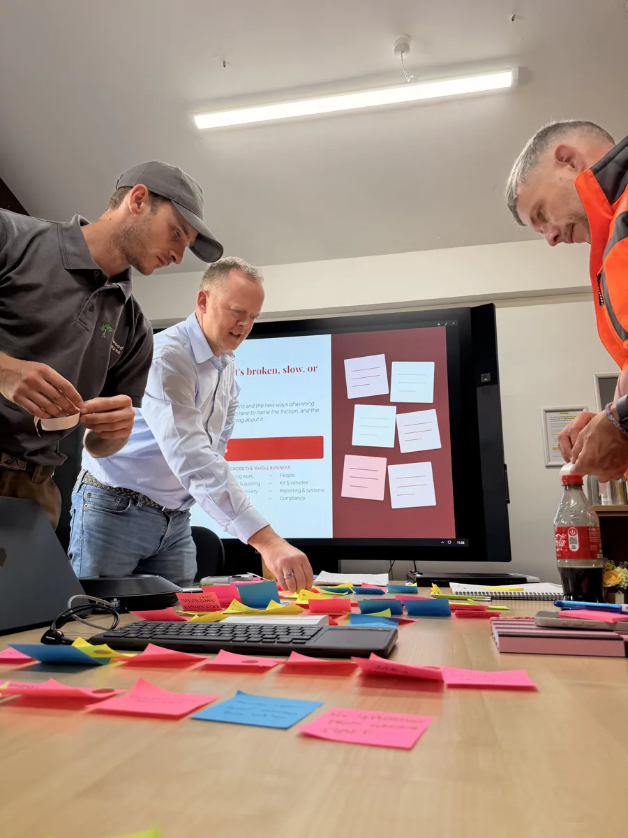 Dave and the Landywood team looking closely at the notes and choosing where to focus